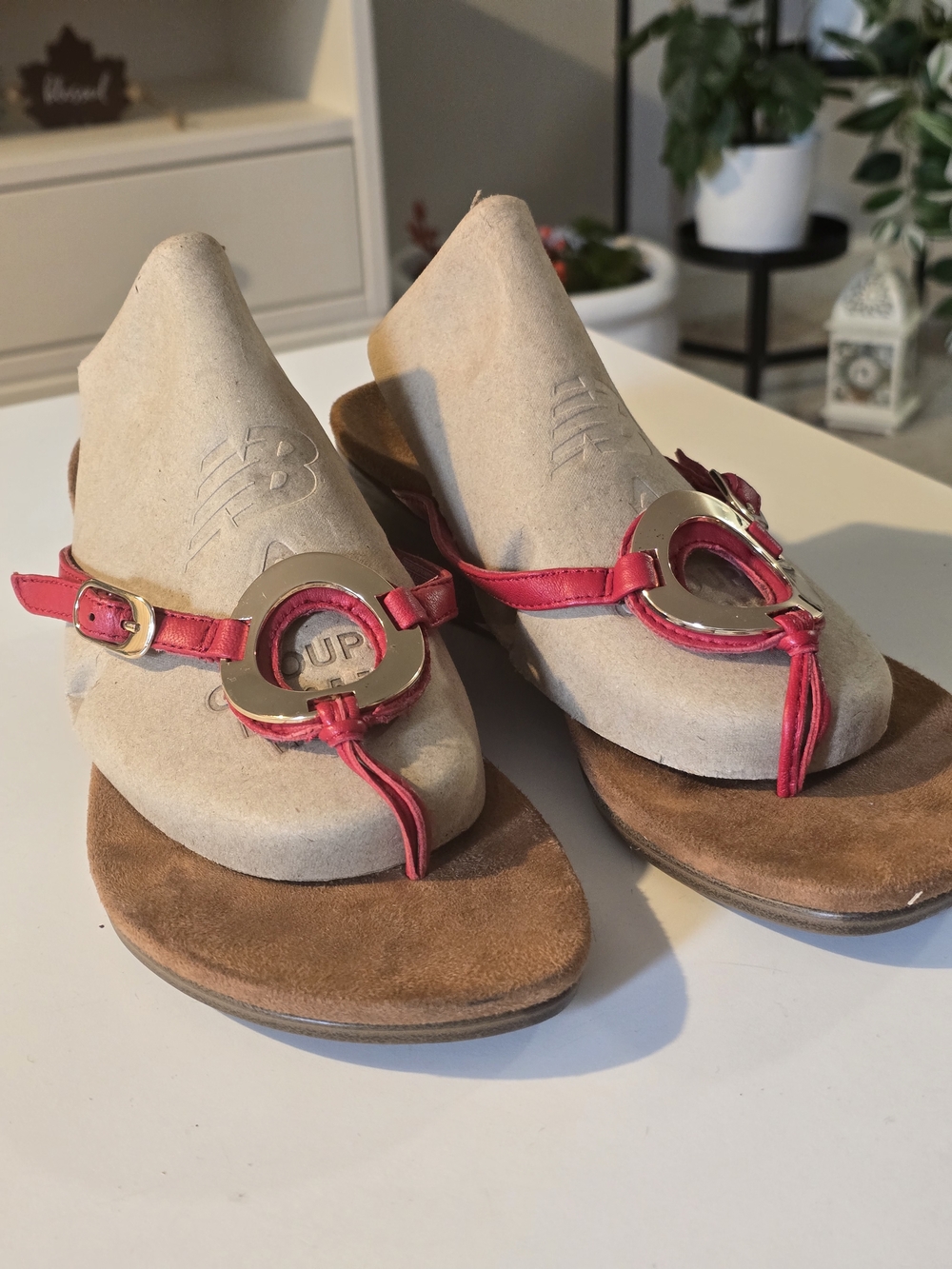 Vionic Red Thong Sandals with Gold Ring Accent